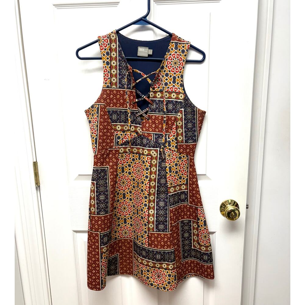 ASOS Dress Sleeveless Fit Flare Nave Gold Red Boho Print, Women's Size 6